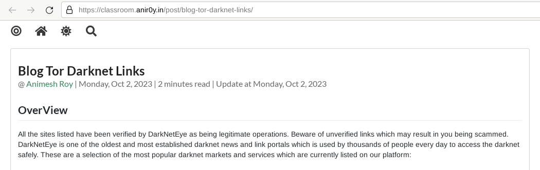 A screenshot of DarkNetEye dot com advertising on Animesh Roy's blog as his own platform