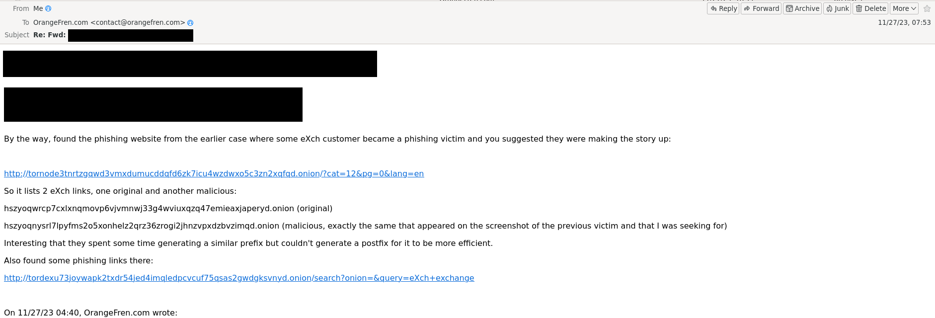 A screenshot of the email from eXch to OragenFren in regards to found phishing links