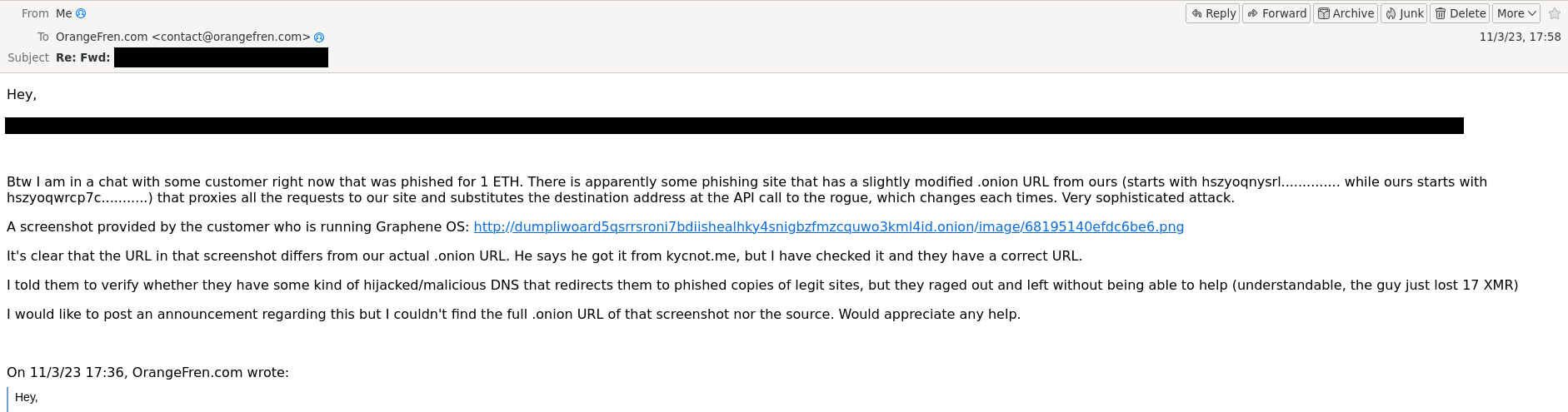A screnshot of the email from eXch to OrangeFren in regards to the phished customer